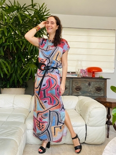 Vestido Kaftan Longo Cetim Paul Klee Rosa