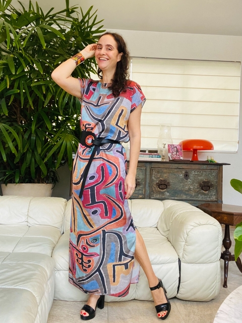 Vestido Kaftan Longo Cetim Paul Klee Rosa