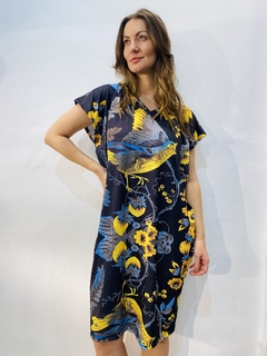 Vestido Kafftan Curto Jersey Passaro Azul