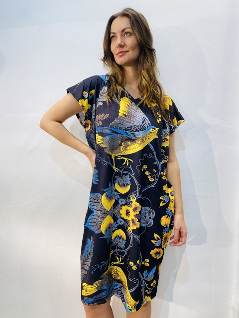 Vestido Kafftan Curto Jersey Passaro Azul