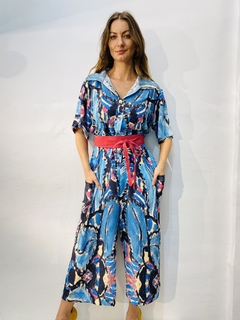 Macacão Social Crepe Folhagem Azul - comprar online