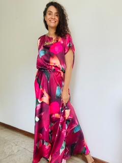 Saia Evasê Longa Cetim Orquídea Vermelho