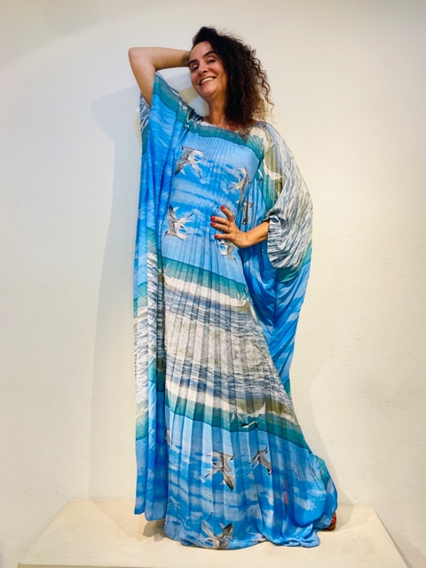 Vestido Plissado Longo Crepe Gaivotas