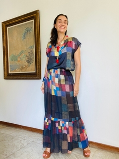 Saia Babados Longa Chiffon Paul Klee Colorido