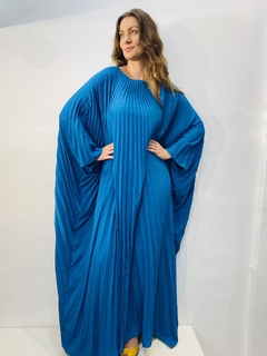 Vestido Plissado Longo Crepe Azul Piscina
