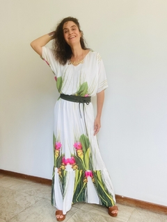 Vestido Morcego Babado Longo Crepe Folhagem - ALESSA
