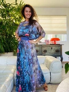 Vestido Morcego Plissado Longo Crepe Monet Azul - buy online