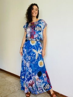 Saia Plissada Longa Crepe Paul Klee Azul - loja online