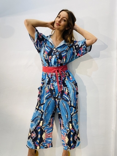 Macacão Social Crepe Folhagem Azul - loja online