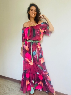 Vestido Cigana Longo Babado Crepe Orquídea Vermelh