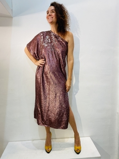 Vestido Morcego Ombro Só Longo Paetê Rosê e Prata - buy online