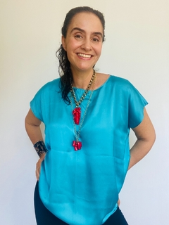 Camiseta Kaftan Cetim Azul Cyan