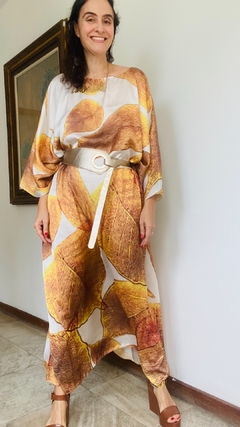 Imagem do Vestido Maxi Longo Cetim Folhas Douradas