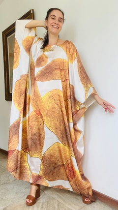 Vestido Maxi Longo Cetim Folhas Douradas - loja online