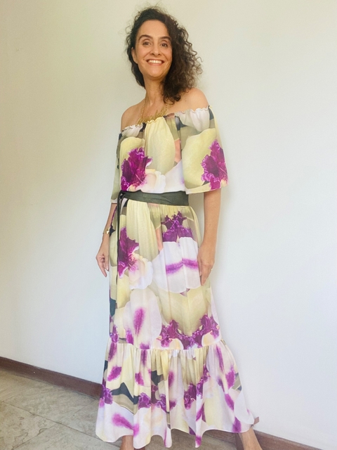 Vestido Cigana Longo Babado Crepe Orquídea Branca