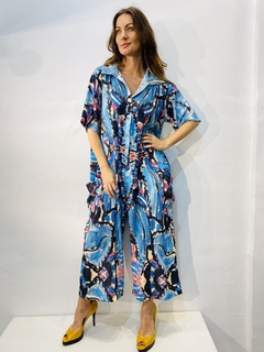 Macacão Social Crepe Folhagem Azul - loja online