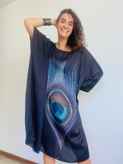 Image of Vestido Maxi Curto Cetim Pavão Preto