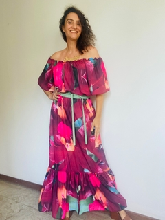 Vestido Cigana Longo Babado Crepe Orquídea Vermelh on internet