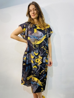 Vestido Kaftan Curto Cetim Passaro Azul