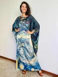 Vestido Maxi Longo Cetim Van Gogh Azul on internet