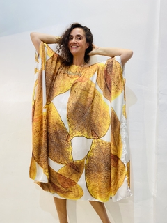Vestido Maxi Curto Cetim Folhas Douradas on internet
