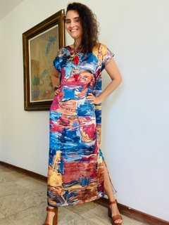 Vestido Kaftan Longo Cetim Pop Paint - ALESSA