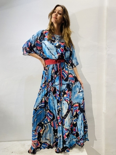 Vestido Morcego Saia Plissada Crepe Folhagem Azul - ALESSA