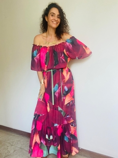 Vestido Cigana Longo Babado Crepe Orquídea Vermelh - ALESSA