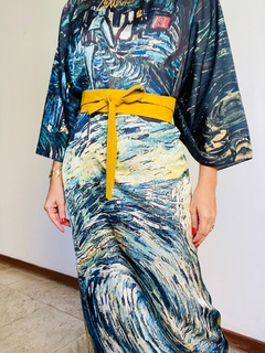 Image of Vestido Maxi Longo Cetim Van Gogh Azul