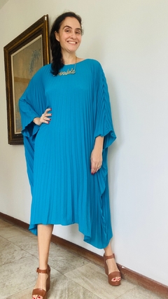 Vestido Plissado Curto Crepe Azul Piscina