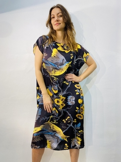 Vestido Kaftan Curto Cetim Passaro Azul - buy online