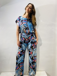 Calça Reta Jersey Folhagem Azul - comprar online