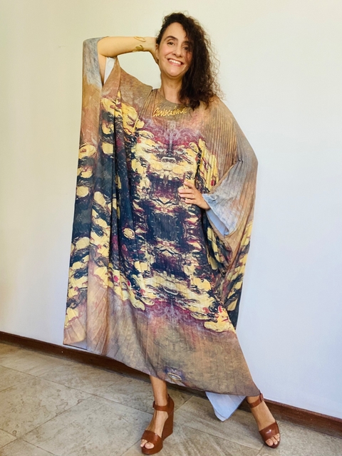 Vestido Plissado Longo Crepe Monet Amarelo