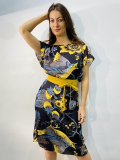 Vestido Kaftan Curto Cetim Passaro Azul - ALESSA
