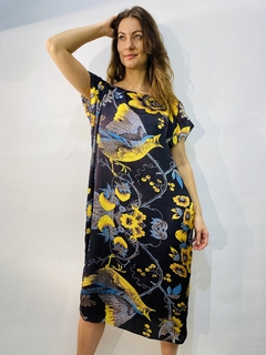 Vestido Kaftan Curto Cetim Passaro Azul on internet