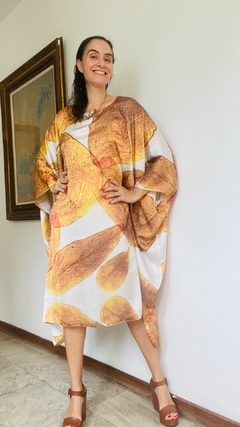 Vestido Maxi Curto Cetim Folhas Douradas - ALESSA