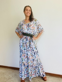 Vestido Morcego Bab Longo Crepe Pássaros