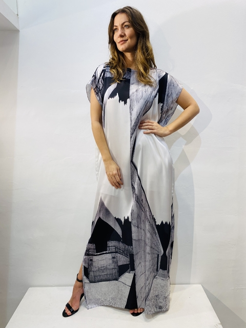 Vestido Kaftan Longo Cetim Arquitetura
