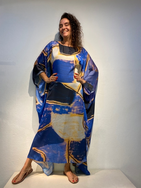 Vestido Maxi Longo Cetim Blue Squares
