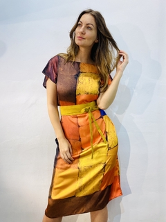 Vestido Kaftan Curto Cetim Quadrados - ALESSA