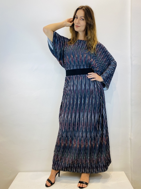 Vestido Maxi Plissado Longo Crepe Tapeçaria Listras