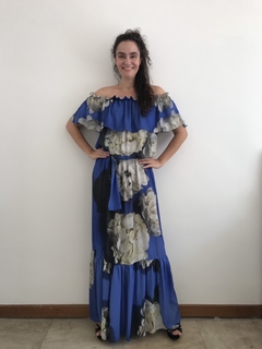 Vestido Longo Ombro a Ombro Crepe Hortênsia Azul - comprar online