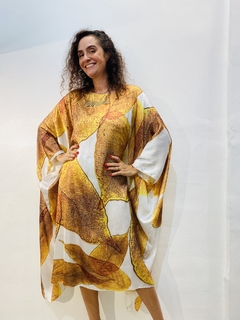 Vestido Maxi Curto Cetim Folhas Douradas