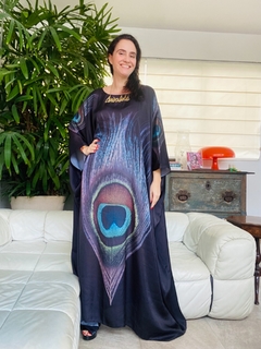 Vestido Maxi Longo Cetim Pavão Preto