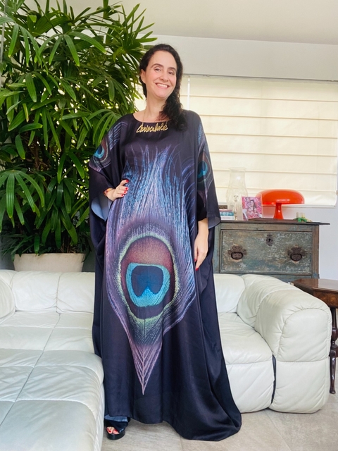 Vestido Maxi Longo Cetim Pavão Preto