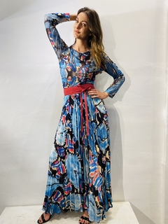 Saia Longa Plissada Crepe Folhagem Azul