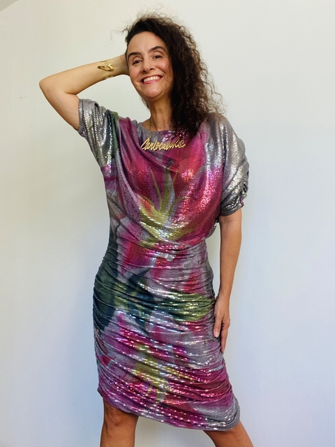 Vestido Ombro Franzido Paetê Lirios
