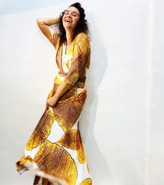 Vestido Sereia Saia Longa Plissado Jersey Crepe Folhas Douradas - buy online