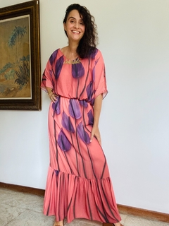 Vestido Morcego Babado Longo Crep Antúrio Rosa - ALESSA