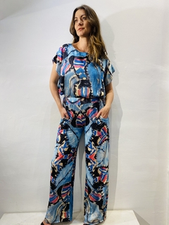 Calça Reta Jersey Folhagem Azul na internet